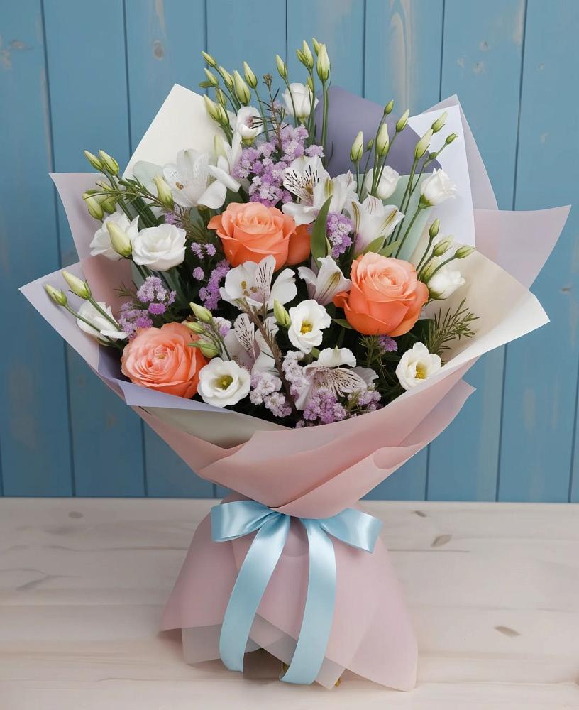 Букет цветов из: Лизиантусы, Розы, Альстромерии и Гипсофила в Донской Балке