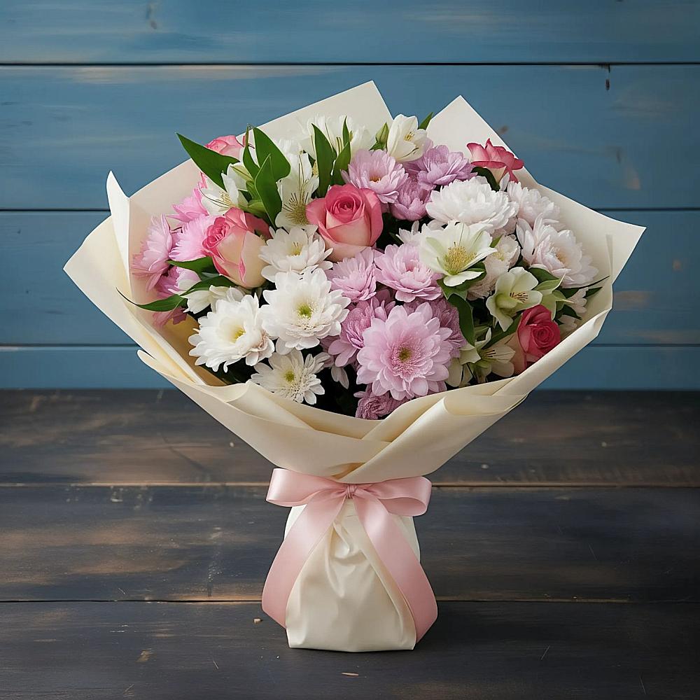 Букет цветов из: Хризантемы, Альстромерии и Розы в Донской Балке